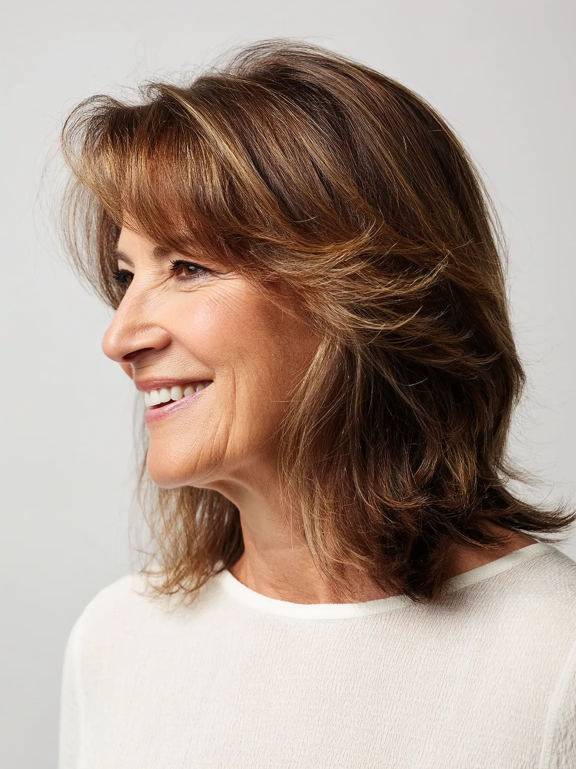 Feathered Shoulder-Length Cut with Caramel Highlights